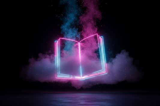 PINK AND BLUE GLOWING NEON BOOK WITH SMOKE FOR VISUAL AFFECTS