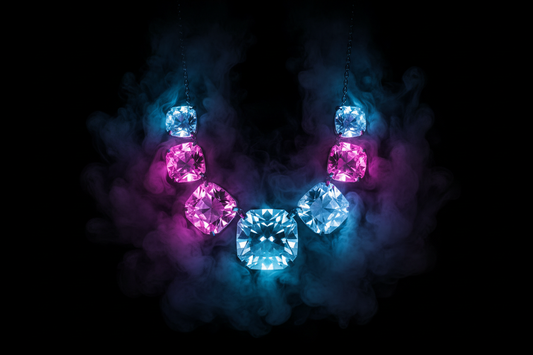 PINK AND BLUE GLOWING NEON DIAMOND NECKLACE WITH SMOKE FOR VISUAL AFFECTS