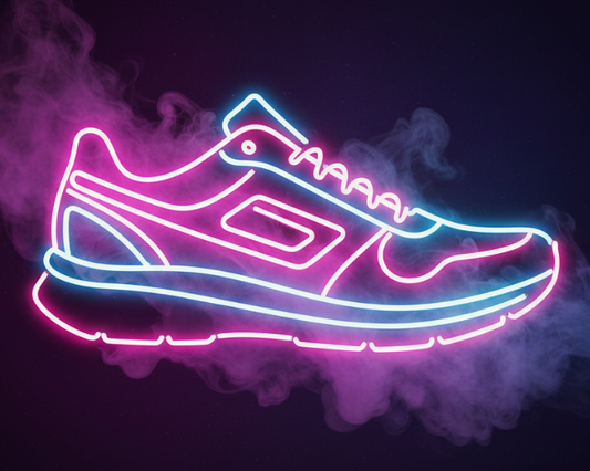 PINK AND BLUE GLOWING NEON SHOE OUTLINE FOR BACKGROUND PICTURE WITH SMOKE FOR VISUAL AFFECT